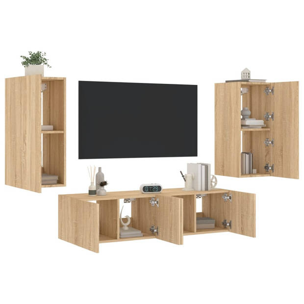 vidaXL 4-delige Tv-wandmeubelset met LED bewerkt hout sonoma eiken