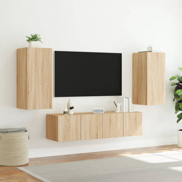 vidaXL 4-delige Tv-wandmeubelset met LED bewerkt hout sonoma eiken