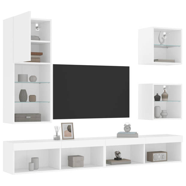 vidaXL 5-delige Tv-wandmeubelset met LED-verlichting bewerkt hout wit