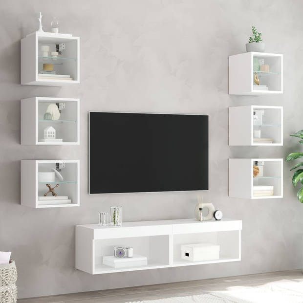 vidaXL 8-delige Tv-wandmeubelset met LED-verlichting bewerkt hout wit