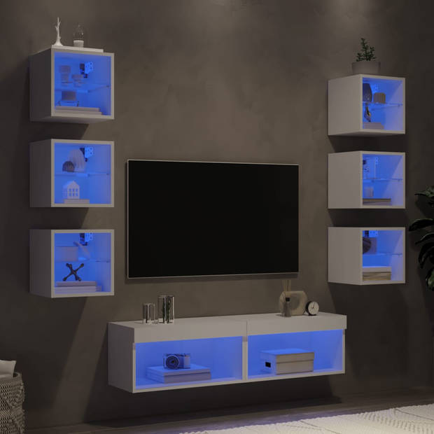 vidaXL 8-delige Tv-wandmeubelset met LED-verlichting bewerkt hout wit