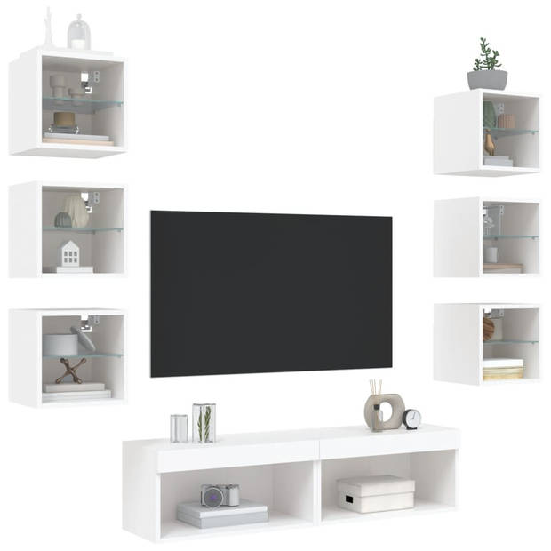 vidaXL 8-delige Tv-wandmeubelset met LED-verlichting bewerkt hout wit