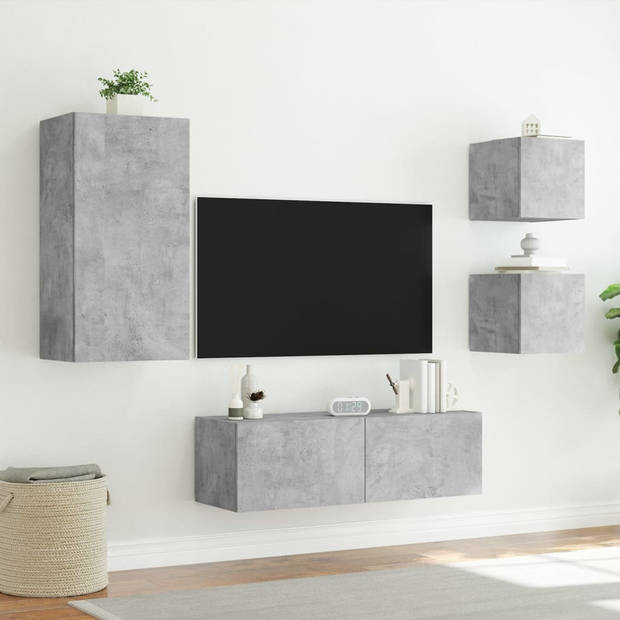 vidaXL 4-delige tv-wandmeubelset met LED-verlichting betongrijs