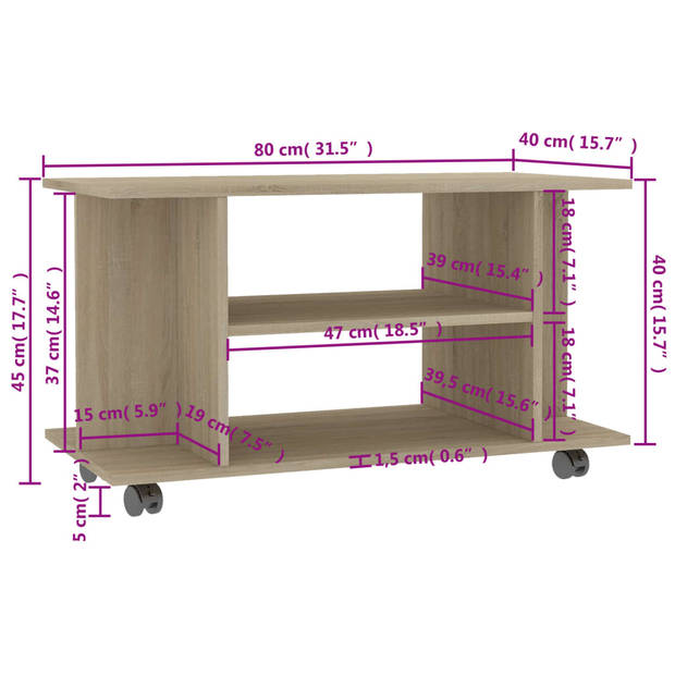 vidaXL Tv-meubel met wieltjes 80x40x45 cm bewerkt hout sonoma eiken