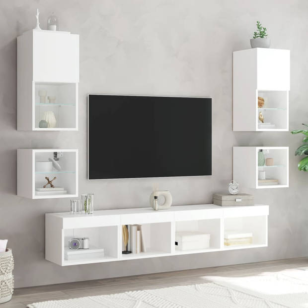 vidaXL 8-delige Tv-wandmeubelset met LED-verlichting bewerkt hout wit