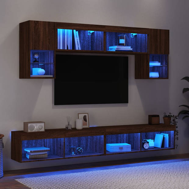 vidaXL 6-delige Tv-wandmeubelset met LED bewerkt hout bruineikenkleur