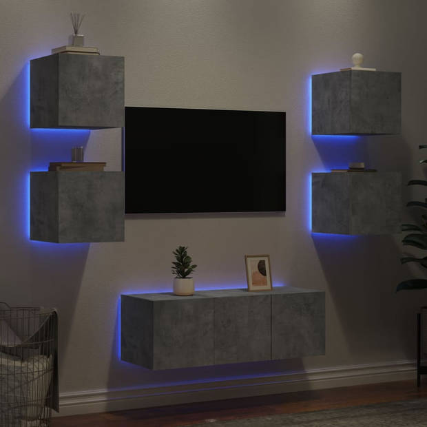 vidaXL 6-delige Tv-wandmeubelset met LED bewerkt hout betongrijs