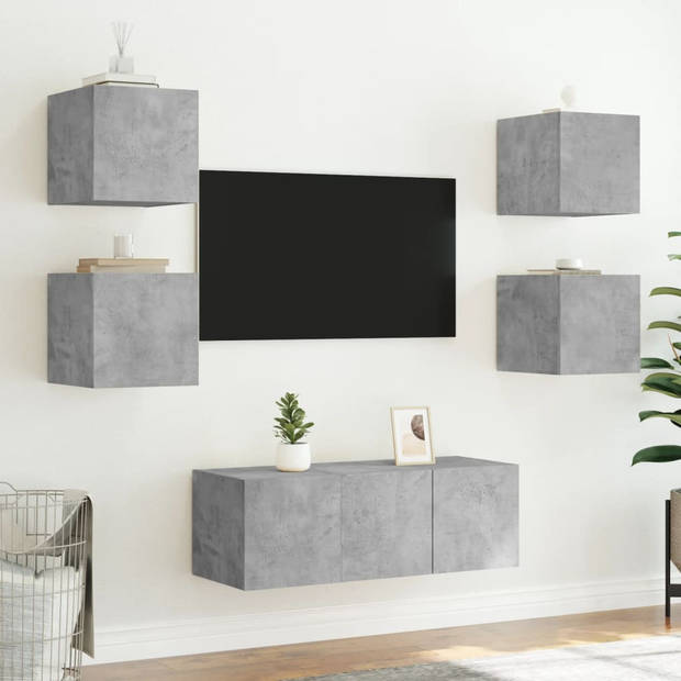 vidaXL 6-delige Tv-wandmeubelset met LED bewerkt hout betongrijs