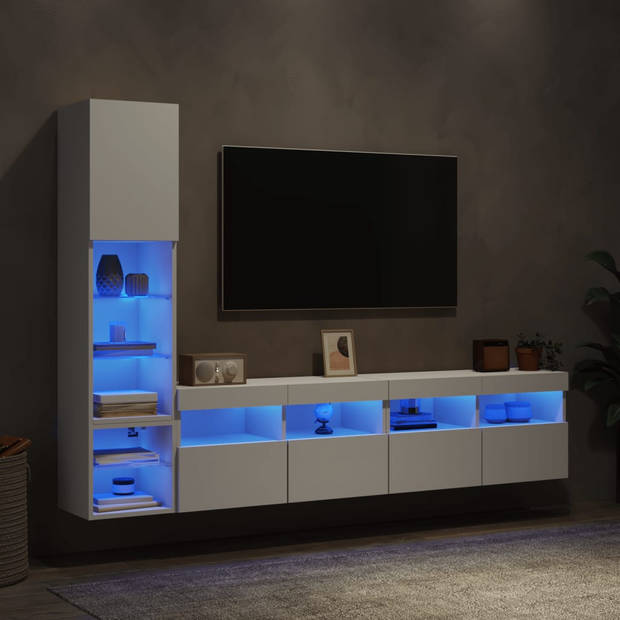 vidaXL 4-delige Tv-wandmeubelset met LED-verlichting bewerkt hout wit