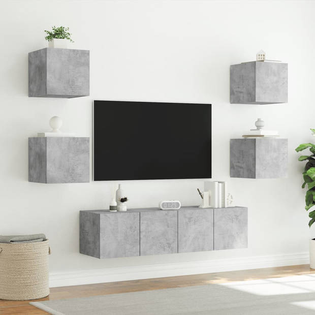 vidaXL 6-delige Tv-wandmeubelset met LED bewerkt hout betongrijs