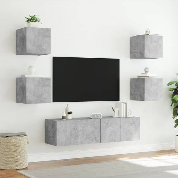 vidaXL 6-delige Tv-wandmeubelset met LED bewerkt hout betongrijs