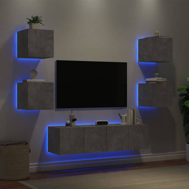 vidaXL 6-delige Tv-wandmeubelset met LED bewerkt hout betongrijs