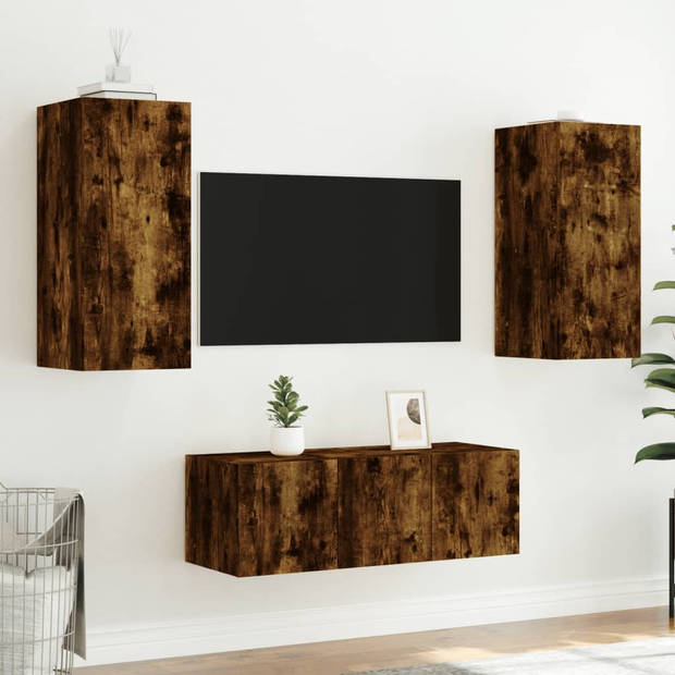 vidaXL 8-delige tv-wandmeubelset met LED bewerkt hout gerookt eiken