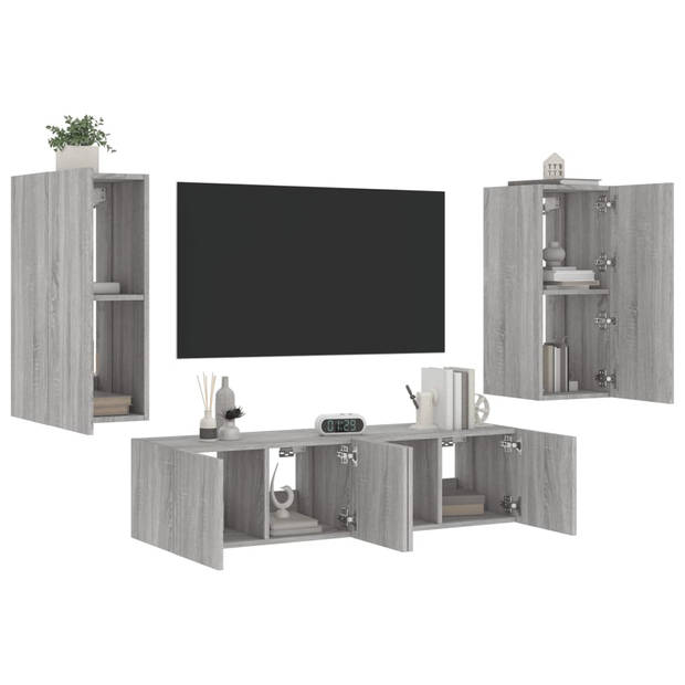 vidaXL 4-delige Tv-wandmeubelset met LED bewerkt hout grijs sonoma