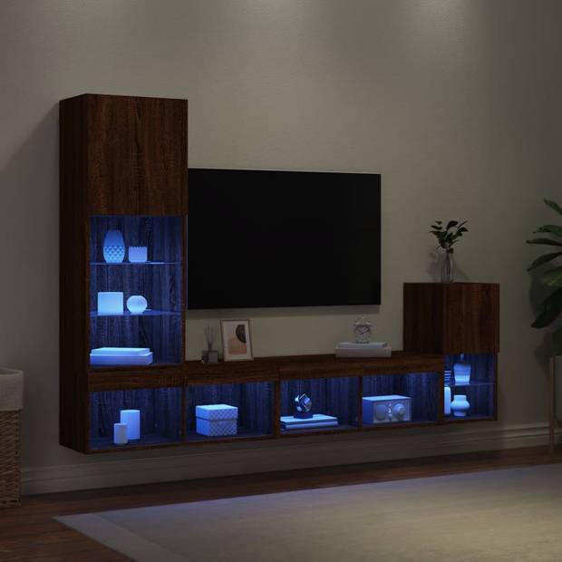 vidaXL 4-delige Tv-wandmeubelset met LED bewerkt hout bruineikenkleur