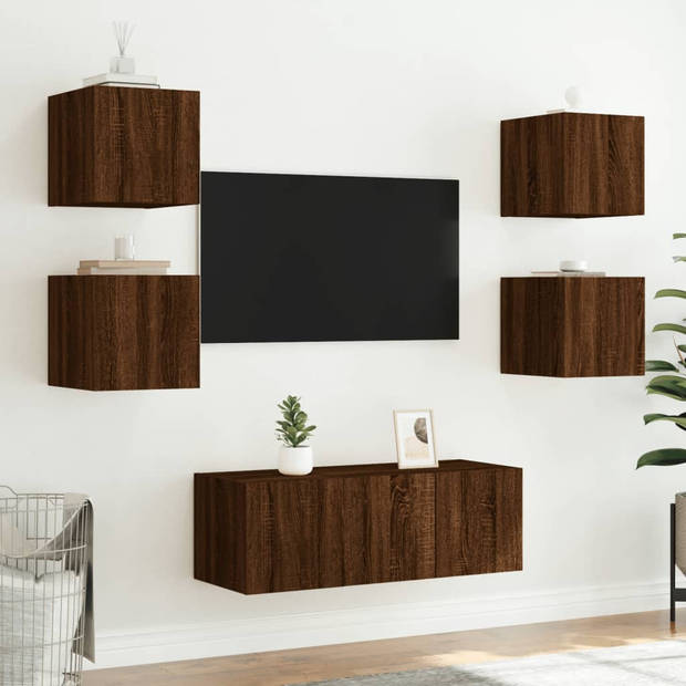 vidaXL 6-delige Tv-wandmeubelset met LED bewerkt hout bruineikenkleur