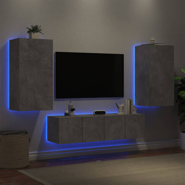 vidaXL 4-delige Tv-wandmeubelset met LED bewerkt hout betongrijs