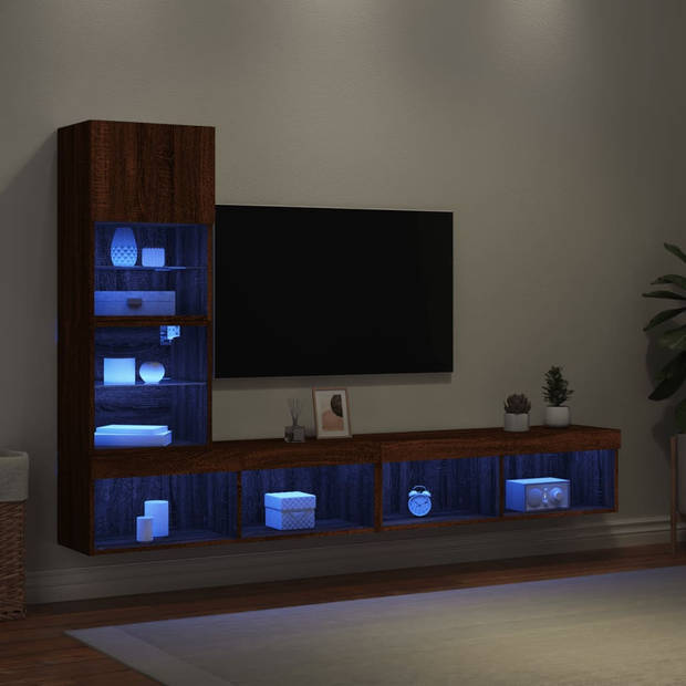 vidaXL 4-delige Tv-wandmeubelset met LED bewerkt hout bruineikenkleur