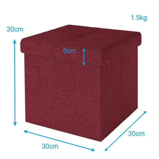 Intirilife opvouwbaar krukje 30x30x30 cm in granat red poef stoel met opbergruimte en deksel van stof opbergkist box