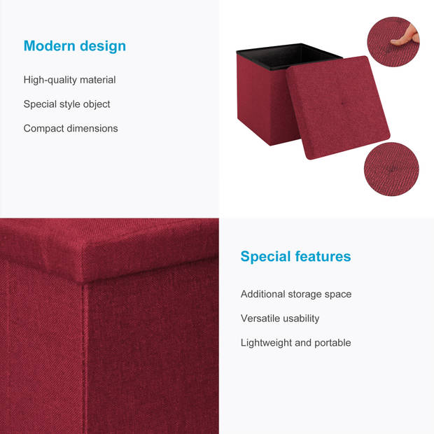 Intirilife opvouwbaar krukje 30x30x30 cm in granat red poef stoel met opbergruimte en deksel van stof opbergkist box