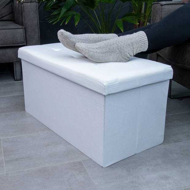 Intirilife opvouwbare kruk 76x38x38 cm in snow white bank stoel met opbergruimte en deksel van stof opbergbox kist