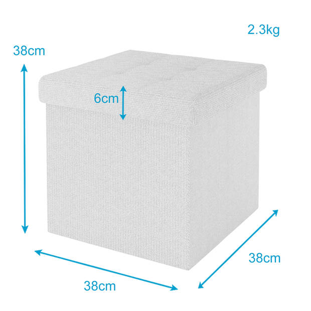 Intirilife opvouwbaar krukje 38x38x38 cm in snow white stoel poef met opbergruimte en deksel van stof opbergbox kist