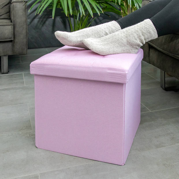 Intirilife opvouwbaar krukje 38x38x38 cm in lotus rosa stoel poef met opbergruimte en deksel van stof opbergbox kist