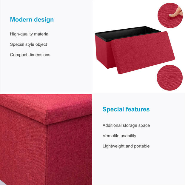 Intirilife opvouwbare kruk 76x38x38 cm in granat red bank stoel met opbergruimte en deksel van stof opbergbox kist