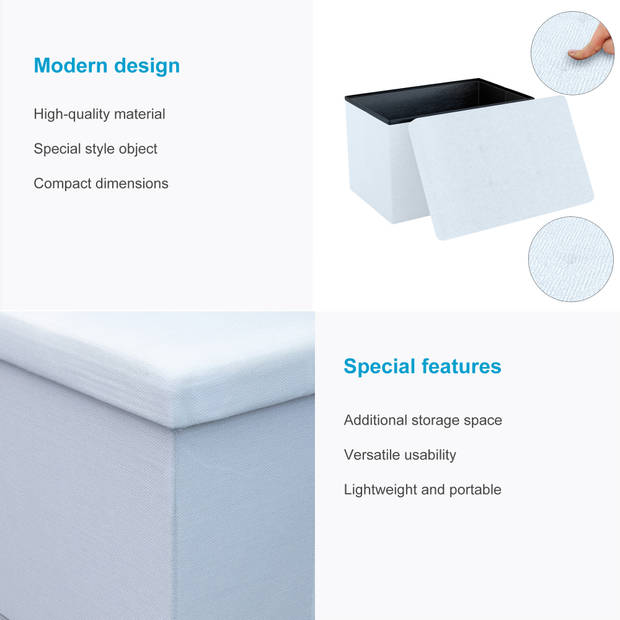 Intirilife opvouwbare kruk 49x30x30 cm in snow white bank stoel met opbergruimte en deksel van stof opbergbox kist