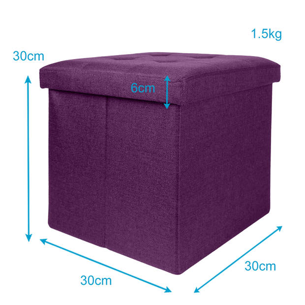 Intirilife opvouwbaar krukje 30x30x30 cm in nebel lila poef stoel met opbergruimte en deksel van stof opbergkist box