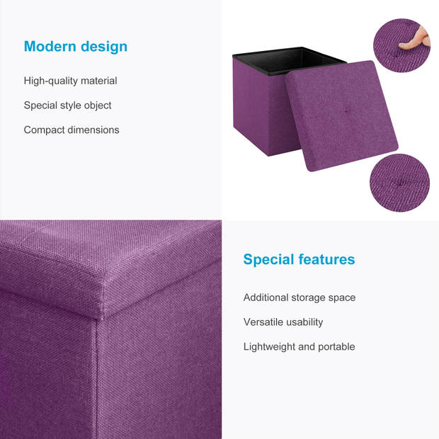 Intirilife opvouwbaar krukje 30x30x30 cm in nebel lila poef stoel met opbergruimte en deksel van stof opbergkist box