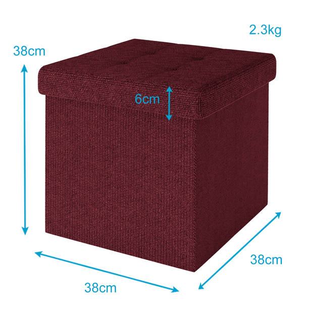 Intirilife opvouwbaar krukje 38x38x38 cm in cherry red stoel poef met opbergruimte en deksel van stof opbergbox kist