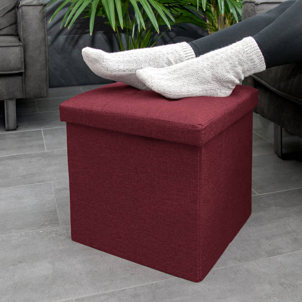 Intirilife opvouwbaar krukje 38x38x38 cm in cherry red stoel poef met opbergruimte en deksel van stof opbergbox kist