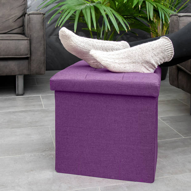 Intirilife opvouwbaar krukje 38x38x38 cm in nebel lila stoel poef met opbergruimte en deksel van stof opbergbox kist