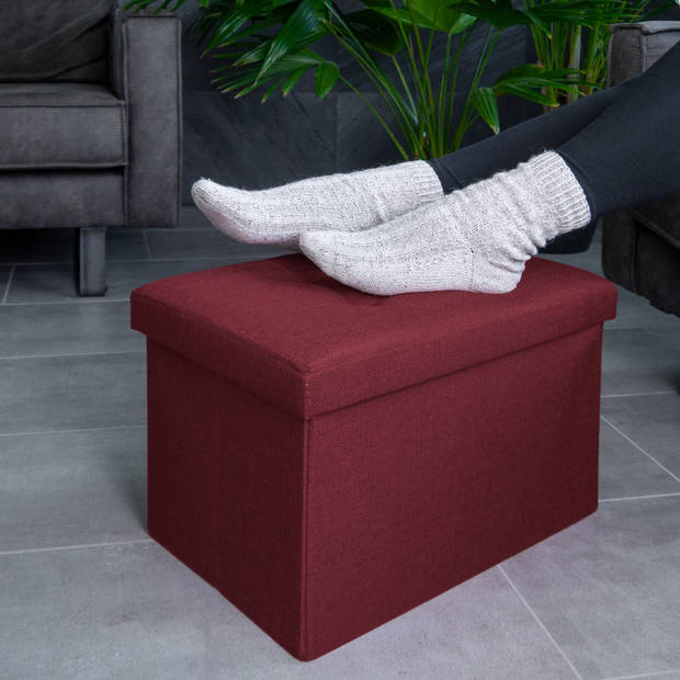 Intirilife opvouwbare kruk 49x30x30 cm in cherry red bank stoel met opbergruimte en deksel van stof opbergbox kist