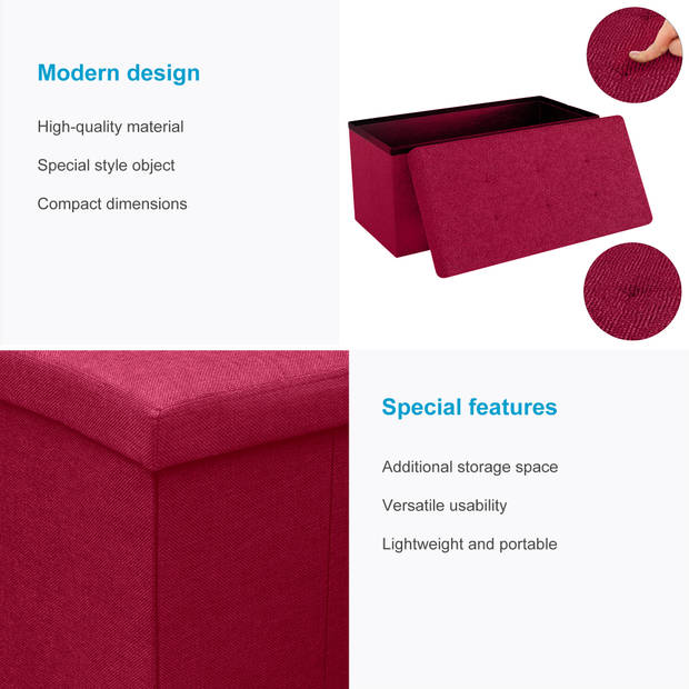 Intirilife opvouwbare kruk 76x38x38 cm in cherry red bank stoel met opbergruimte en deksel van stof opbergbox kist