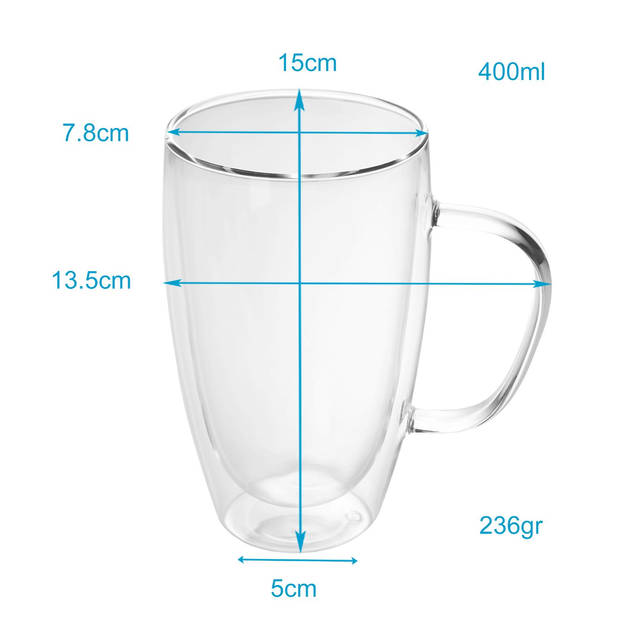 Intirilife 2x dubbelwandig thermoglas set in 400 - 500ml - koffiemok geïsoleerd latte macchiato theeglas koffieglas