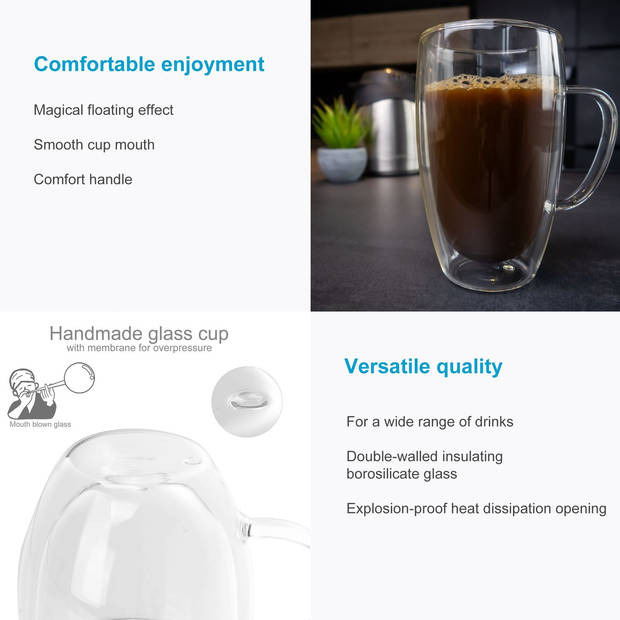 Intirilife 2x dubbelwandig thermoglas set in 400 - 500ml - koffiemok geïsoleerd latte macchiato theeglas koffieglas