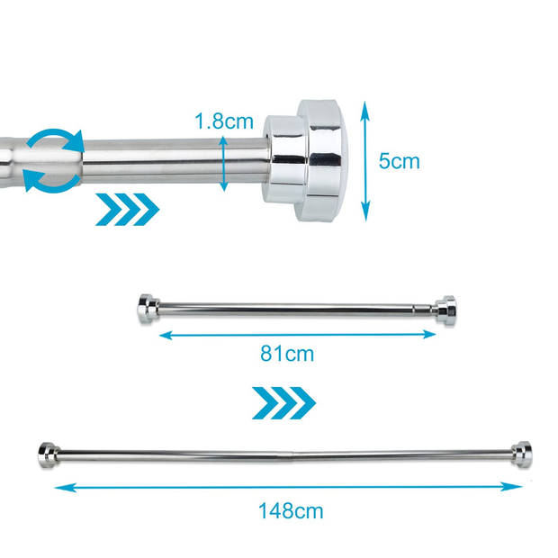 Intirilife telescoopstang 81 - 141 cm - douchegordijnstang van roestvrij staal zonder boren - klemstang gordijnstang