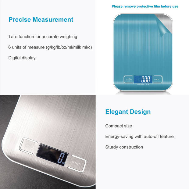 Intirilife digitale keukenweegschaal in zilver – 5 kg elektronische weegschaal voor de keuken met tara-functie