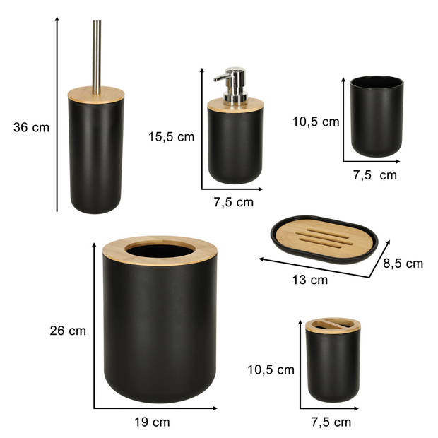 Luxe 6-delige bamboe badkamer set / toiletset zwart - Badkameraccessoireset
