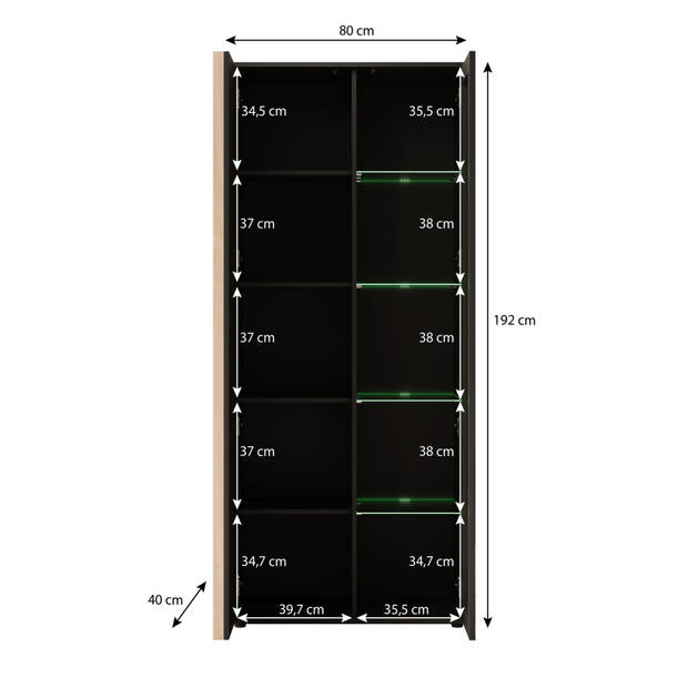 Meubella Vitrinekast Corluka - Zwart - Eiken - 80 cm - Hoog