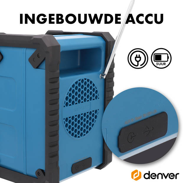 Denver Bouwradio DAB - Bluetooth - met Accu - AUX - FM - USB-C - Spatwaterdicht - WRD60