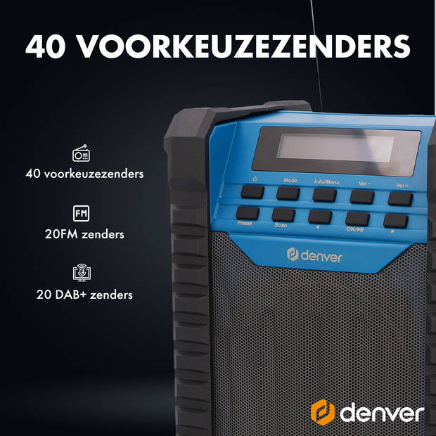 Denver Bouwradio DAB - Bluetooth - met Accu - AUX - FM - USB-C - Spatwaterdicht - WRD60