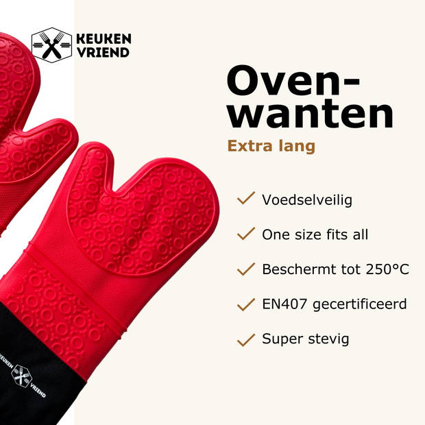 Keukenvriend © - Ovenwanten - BBQ - Rood- Bescherming tot 250 °C - Siliconen Ovenhandschoenen - Ovenwanten 2 Stuks