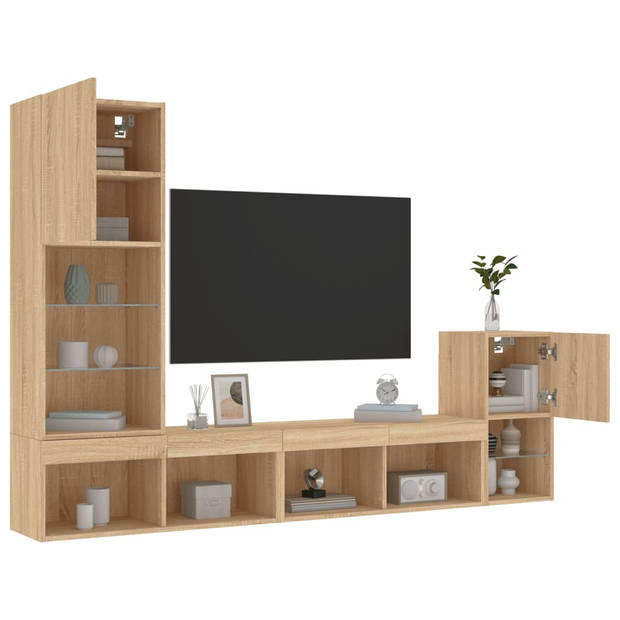 vidaXL 4-delige Tv-wandmeubelset met LED bewerkt hout sonoma eiken