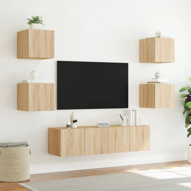 vidaXL 6-delige Tv-wandmeubelset met LED bewerkt hout sonoma eiken