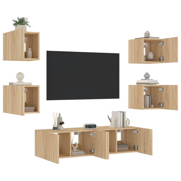 vidaXL 6-delige Tv-wandmeubelset met LED bewerkt hout sonoma eiken