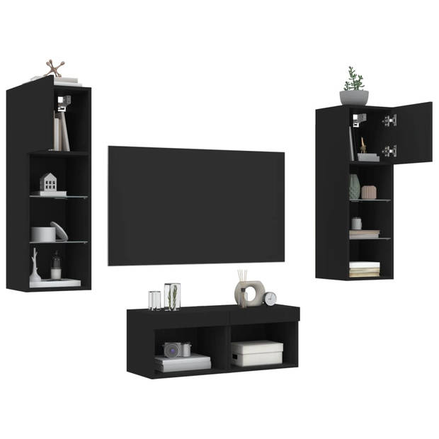 vidaXL 4-delige tv-wandmeubelset met LED-verlichting zwart