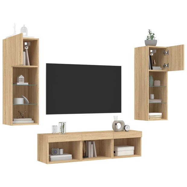 vidaXL 5-delige Tv-wandmeubelset met LED bewerkt hout sonoma eiken